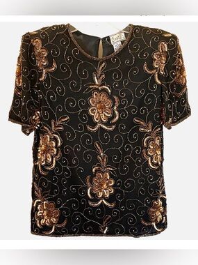 Vintage Beaded Sequin Top Black Gold Silk Evening Party Holiday Cocktail Small